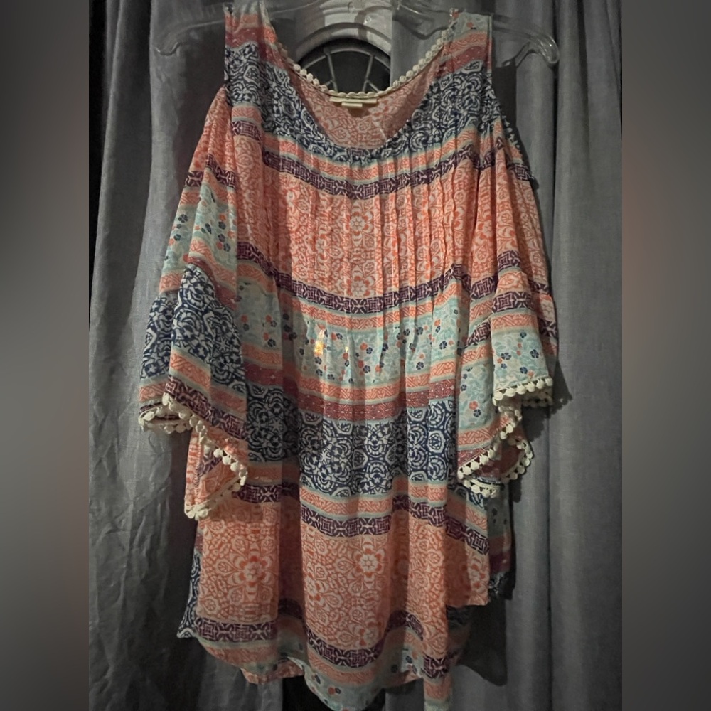 Style & Co. Cold Shoulder Semi Sheer Coral and Navy Mixed Print Peasant Top